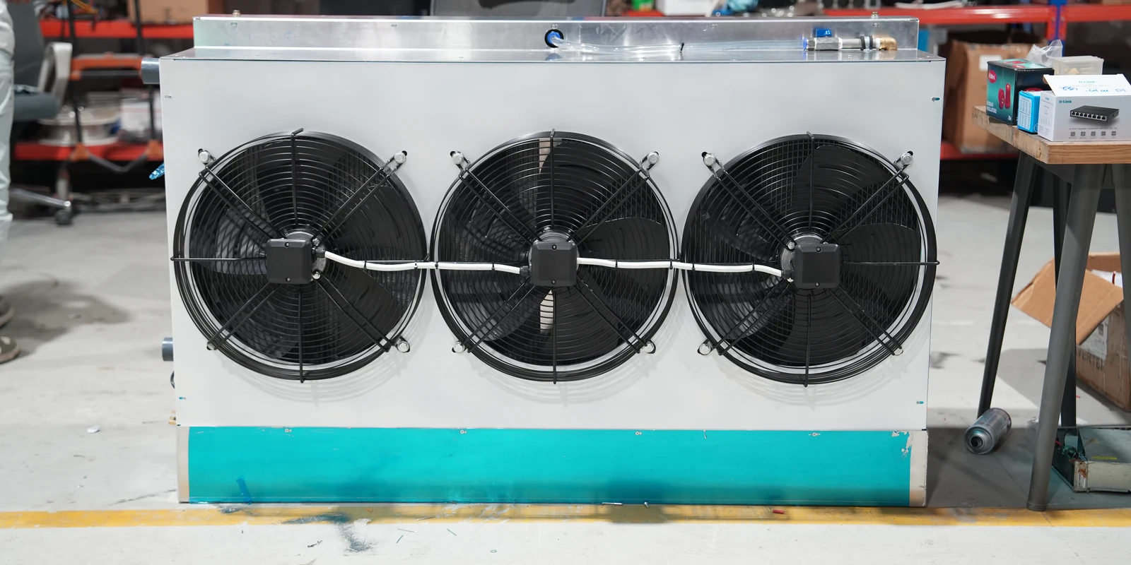 A row of hydro dry-coolers lined up on the CryptoMiners floor